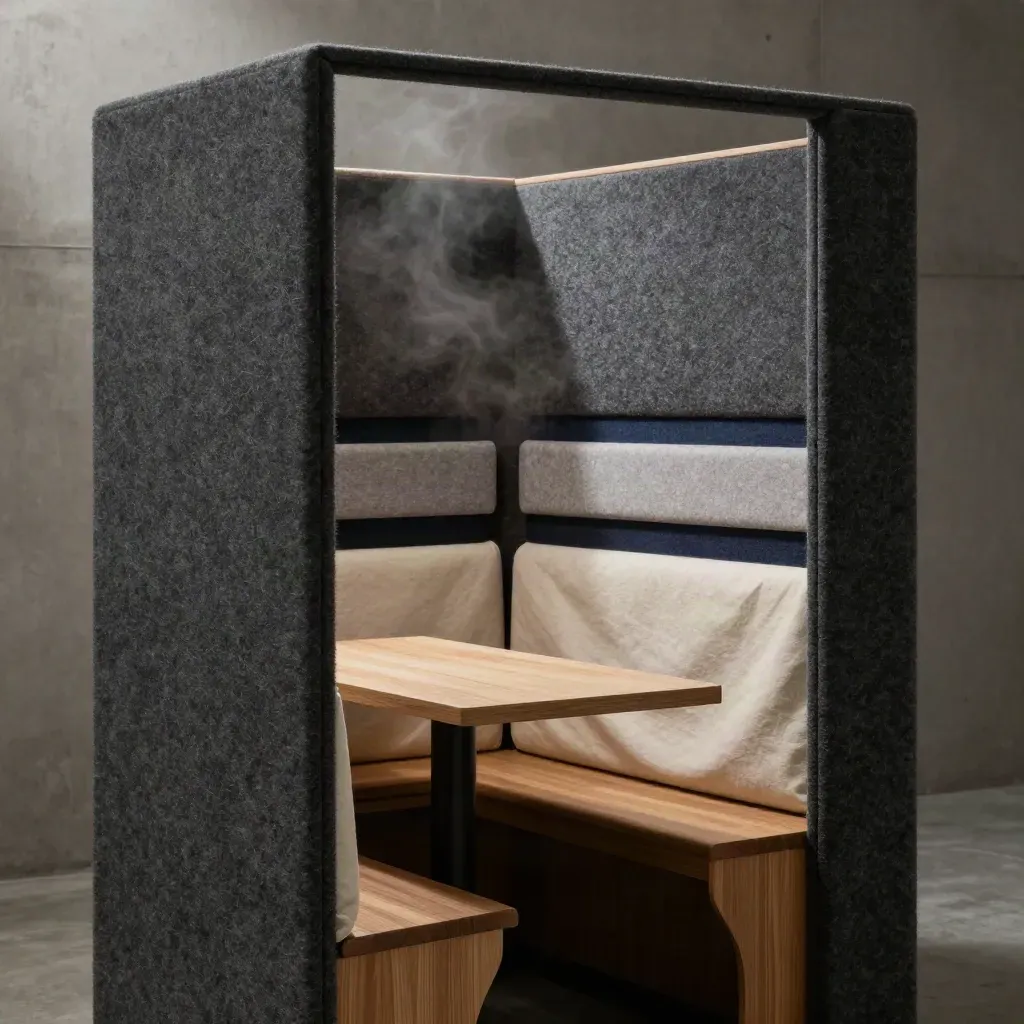 Charcoal felt meeting booth interior with timber table, fabric folds and hazy light
