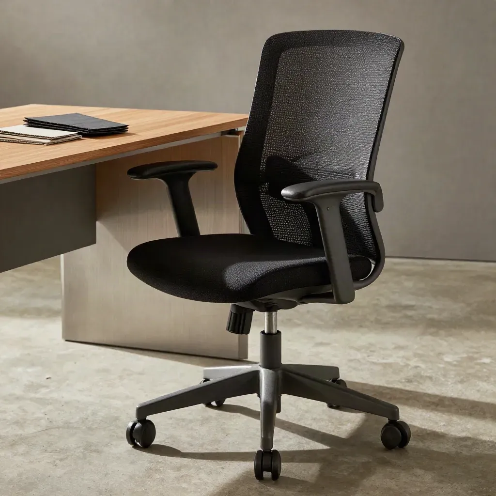 Ergo task chair hero on concrete showroom floor with mist, swatches and soft office light.