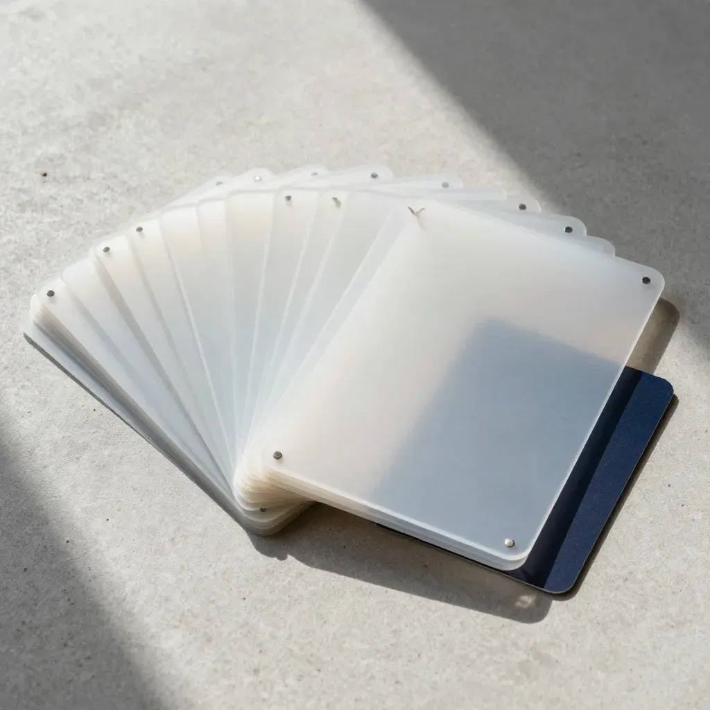 Overhead flatlay of frosted film panels fanned on concrete with a peeled edge and navy accent.