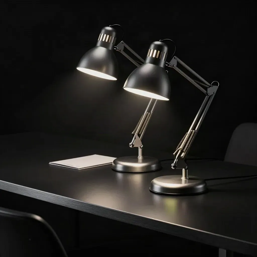 Two articulated matte-aluminium desk lamps crossing on a black studio surface with a lime accent.