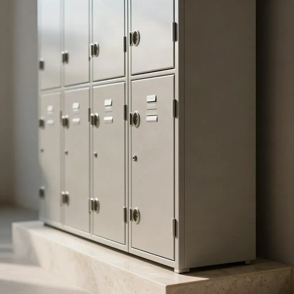 Macro of a six-door steel locker bank with crisp seams and white edge highlights in cool haze.