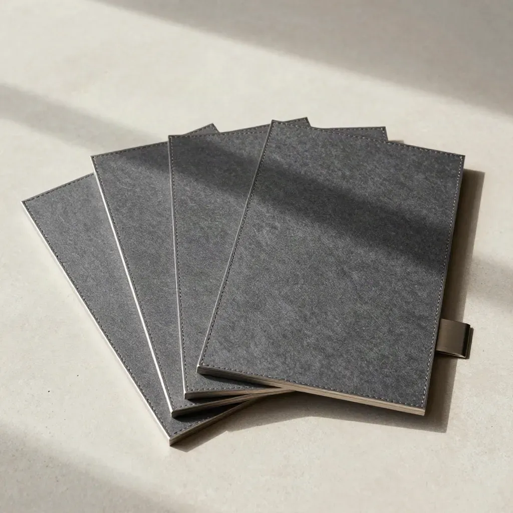 Overhead flatlay of four slate felt desk dividers with brushed aluminium trims on concrete.